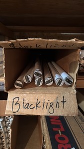Open Case of Sylvania Fluorescent Light Bulbs, 7 Bulbs in Box, F30T8350BLECO, 30 Watt 350-Blacklight