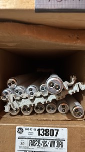 Open Case of General Electric Fluorescenf Lifht Bulbs, 12 Bulbs in Box, F40SP35RSWM 3500K color temperature 48 inches long