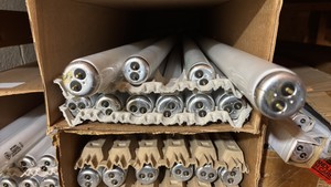 Open Case of General Electric Fluorescent Light Bulbs, 10 Bulbs, F30T12-CW-RS-ECO Cool White 30 Watts