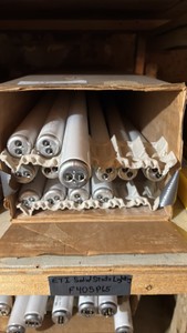 Open Case of General Electric Fluorescent Light Bulbs, 13 Bulbs in Box, F40SP65, 40 Watts, 48 Inches