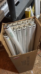 Open Case of General Electric Fluorescent Light Bulbs, 14 Bulbs in Box, F30T12-CW-RS-Eco Cool White 30 Watts