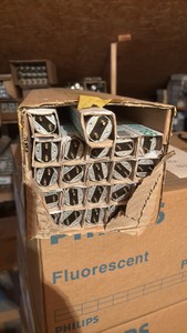 Open Case of Fluorescent Light Bulbs, 22 Bulbs in Box, F17-T8-850 17 Watts, 5000K Color Temp 24 Inches Long