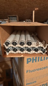 Open Case of General Electric Fluorescent Light Bulbs, 10 Bulbs in Box, F18-T12-CW-HO Cool White, High Output, 18 Watts, 16 Inches Long