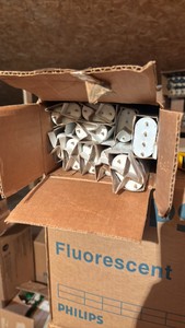 Open Case of General Electric Fluorescent Light Bulbs, 10 Bulbs in Box, F36BX-840 F39BXSPX41RS