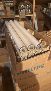 Open Case of Sylvania Fluorescent Light Bulbs, 11 Bulbs in Box, F15T12WW Warm White, 15 Watts 18 Inches Long