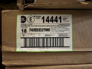 Box of General Electric Fluorescent Light Bulbs, 18 Bulbs, F40-RES-ECO-TWN9, 40 Watts, 4100K, Medium Bi-Pin