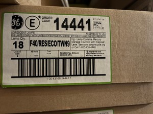Box of General Electric Fluorescent Light Bulbs, 18 Bulbs, F40-RES-ECO-TWN9, 40 Watts, 4100K, Medium Bi-Pin