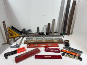 Contractors Measuring & Layout Tool Lot - Squares, Levels, Tape Measures, Reel Tape, Machinist Scale & More