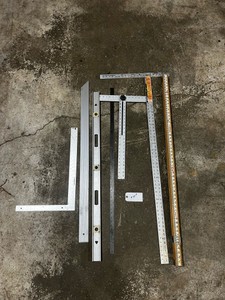 Contractor Layout Tool Lot - Johnson Drywall T-Square, Carpenter Square, Level, Straight Edges, Folding Rule, Measuring Tools
