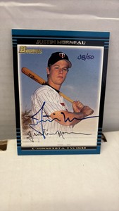 2002 Bowman Autographed Justin Morneau Rookie Card Serial #d 0850 Rare On Card Auto Minnesota Twins