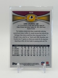2012 Topps - Kirk Cousins #326 Rookie Card Minnesota Vikings