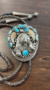 Sterling Hand Made Bolo tie with turquoise and bear claws