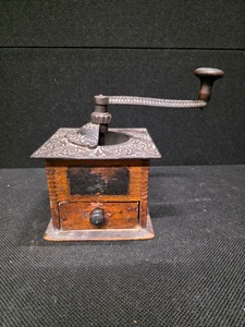 RARE ANTIQUE Wooden And Cast-Iron Coffee Grinder with Drawer and Hand Mill