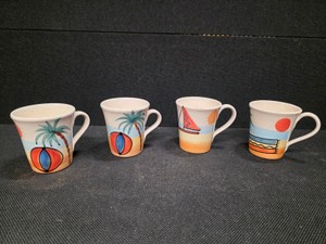 Four Collectible PIER 1 Ceramic Mugs, Made in Italy, Hand-Painted with a Beach Theme