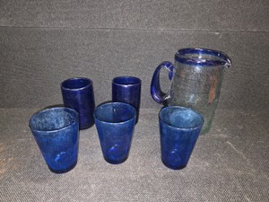 Blue Glassware, Including 1 Large Blown - Glass Pitcher