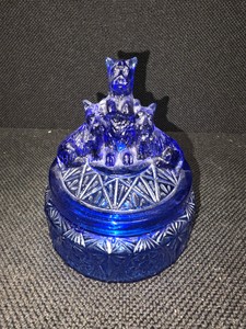 Vintage L.E. Smith Clear Blue Cobalt Glass Powder JarDish - 3 SCOTTIES SCOTTYS