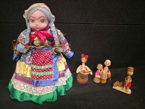 Vintage Russian (cloth) Rag Doll, and 3 small Hand-Carved Russian Doll Trinkets