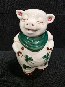 Vintage Shawnee Pottery Smiley Pig Cookie Jar Featuring a Shamrock Design