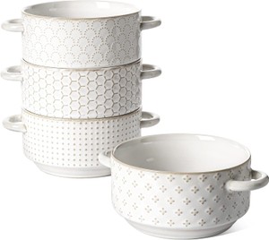 Soup Bowls With Handles, 20 oz each, Four Bowl Set, Great for French Onion and Other Soups, Stackable, Safe for Chili, Beef Stew, Arctic White Color RETAIL $50.00