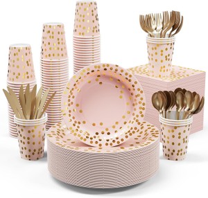 Pink and Gold Party Supply Kit, 350 Pieces Disposable Dinnerware Set, Pink Paper Plates, Napkins, Cups, Gold Plastic Forks, Knives and Spoons, Great for Parties RETAIL $30.00