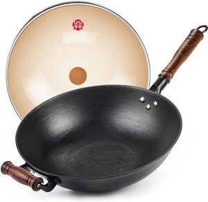 Iron Flat Bottom Wok With Glass Lid Black Wok With Helper Handle 13.4 Inches RETAIL $105.00