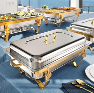 Chafing Dishes for Buffets 9Qt Four Pack Food Pans Combo, High Grade, Durable and Hard, Great for Parties, Weddings, Indoor and Outdoors, Gold and Silver Color RETAIL $175.00