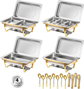 Chafing Dishes for Buffets, Four Pack, 8-QT Rectangular Shape, Rolled-Edge Design, Great for Parties, Buffets, Weddings, Camping and More. Gold accents. RETAIL $170.00