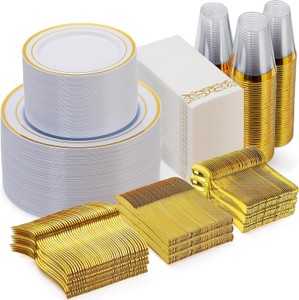 700 Piece Gold Dinnerware Set for 100 Guests, Disposable for Party, Include 100 Gold Rim Dinner Plates, 100 Dessert Plates, 100 Paper Napkins, 100 Cups, 100 Plastic Silverware Set, RETAIL $80.00
