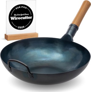 Blue Carbon Steel Wok Pan, Pre-Seasoned Flat Bottom, YOSUKATA Brand 13.5 Fire, gas, electric, ceramic, induction cooktops, Great for Chinese Pan Frying, Stiry Fry, BBQ, Grill, and Camping RETAIL $100.00