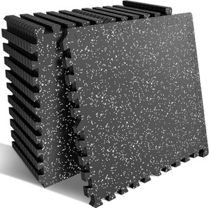 Thick Rubber Flooring, Great for Home Gym, Basement, Play Area, Garage, 12 Pieces, 48 Square Feet, Great for Workout Mats, Black and Gray RETAIL $120.00