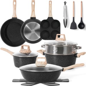 17 Piece Pots and Pans Set, Non-Stick Kitchen Cookware, Black Granite Cooking Tools With Wood Handles Non-Toxic PFOS and PFOA Free
