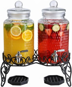  Two Glass Beverage Dispensers. Each one Can Hold 2-Gallons of Liquid, Great for Punch, Water, Lemonade, Adult Beverages, and More. Great for Home Use, Commercial Use, Parties, Weddings, and Other Events.