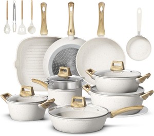 25 Piece Pots and Pans Set, Non-Stick Ceramic Cookware Set, Health Non-Toxic PFAS, PTFE, PFOA and PFOS Free, Cream White Color With Wooden Handle