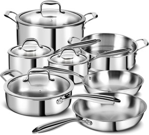 Stainless Steel 11-Piece Cookware Set With Lids, Pots and Pans, Kitchen Set, 3-Ply Stainless Steel, Professional Chef Quality, Oven, Induction, Dishwasher Safe