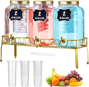 3-Pack of Drink Dispensers, 2-Gallon Sized for Each Dispenser, With Stand and Mason Jar-Style Lids, Hanging Chalkboard Signs, Great for Parties, Weddings, Home Use and Commercial Use