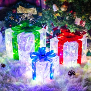 Set of 3 Christmas Lighted Gift Boxes - 65 LED Pre-Lit, Plug-in Light Up Presents Box - Decor for Christmas Tree, Indoor Outdoor Home, Yard, Lawn - Ideal for Christmas, Holiday, Party, Anniversary
