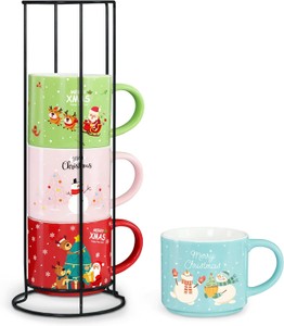 Set of 4 Stackable Christmas Mugs, 15.8 Oz Coffee Mug With Stand, Holiday Hot Cocoa Mugs for Mom Family Colleagues Friend & Farmhouse