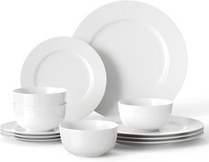 16 Pieces Plates and Bowls Sets, White Porcelain Dinnerware Sets, Ceramic Dishes Set Service for 4, White Kitchen Dinner Dining Ware Set (ONE PLATE BROKEN)