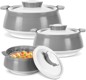 Casserole Dishes for Hot Food, Double Walled Insulated Inner Stainless Steel Hot Pot with Lid, Serving box for Food and Roti, Serving Bowl, Set of 3 (Size 62, 45, 28 oz) Venice, Grey