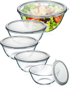 Glass Mixing Bowls with Lids Set of 5(4.78QT,2.2QT,1.7QT,1.1QT,0.85QT),Thick Glass Nesting Bowls for Kitchen Baking ,Cooking Prep, Storage, Serving, Large Salad Bowls, Dishwasher Microwave Freezer Safe