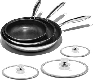 Nonstick Frying Pan Set  8 10 12 Titanium Ceramic Skillet with Lid, Stay-Cool Handle, PFAS, PTFE, PFOA-Free, Non-Toxic, Dishwasher & Oven Safe, Compatible with All Cooktops