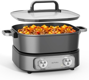 Electric Skillet 6-Quart Hot Pot Nonstick PFOA-Free Ceramic Coating Pot, 1600W, Timer and 3-Power Settings for Steak, Eggs, Ramen and More