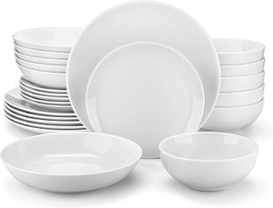 24-Piece Gourmet Porcelain Dinnerware Sets, Modern White Round Dish Set for 6 - Premium Serving Plates and Bowls Sets for Dessert, Salad, Soup, Pasta - Series AMELIA Brand Malacasa