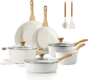 Nonstick Ceramic Cookware Set 16-Piece, Healthy Pots and Pans Set, Non-toxic Kitchen Cooking Set with Stay-Cool Handles, Silicone Utensils and Pot Protectors, PFASPTFEPFOA Free