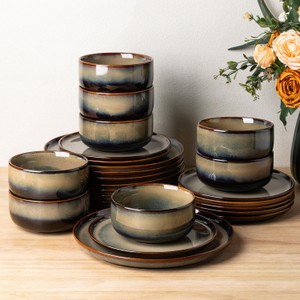 Ceramic Dinnerware Sets for 8, 24 Pieces Handmade Reactive Glaze Plates and Bowls Set, ONE OR TWO PLATES ARE CRACKED ON EDGES,
