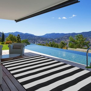 Plastic Straw Outdoor Waterproof Patio and Deck Rug, Foldable, Reversible, Great for Camping, RV, Deck, Porch, Picnic, Beach, Balcony, Black and White Stripes Design