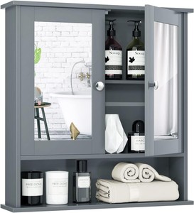 Bathroom Medicine Cabinet With Mirror Wall Mounted Wooden Hanging Oranizer With Doors and Shelves, Gray Color Tangkula Brand