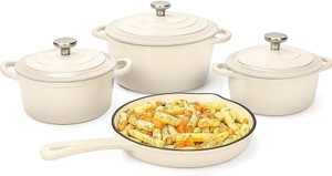 Enameled Cast Iron Cookware Set 7-Piece, Dutch Ovens, Sauce Pan, Skillet, 3 Lids, PFA Free GasInduction Cream White Color Retail $165.00