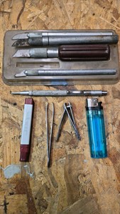 STEEL carving knives, helping hands magnifier, tally counters