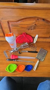 Kitchen Utinsils- Mixer, Master, Sharpening Steel, Washer, Rubber Measuring Cups, Potato Peeler, Cheese Grater